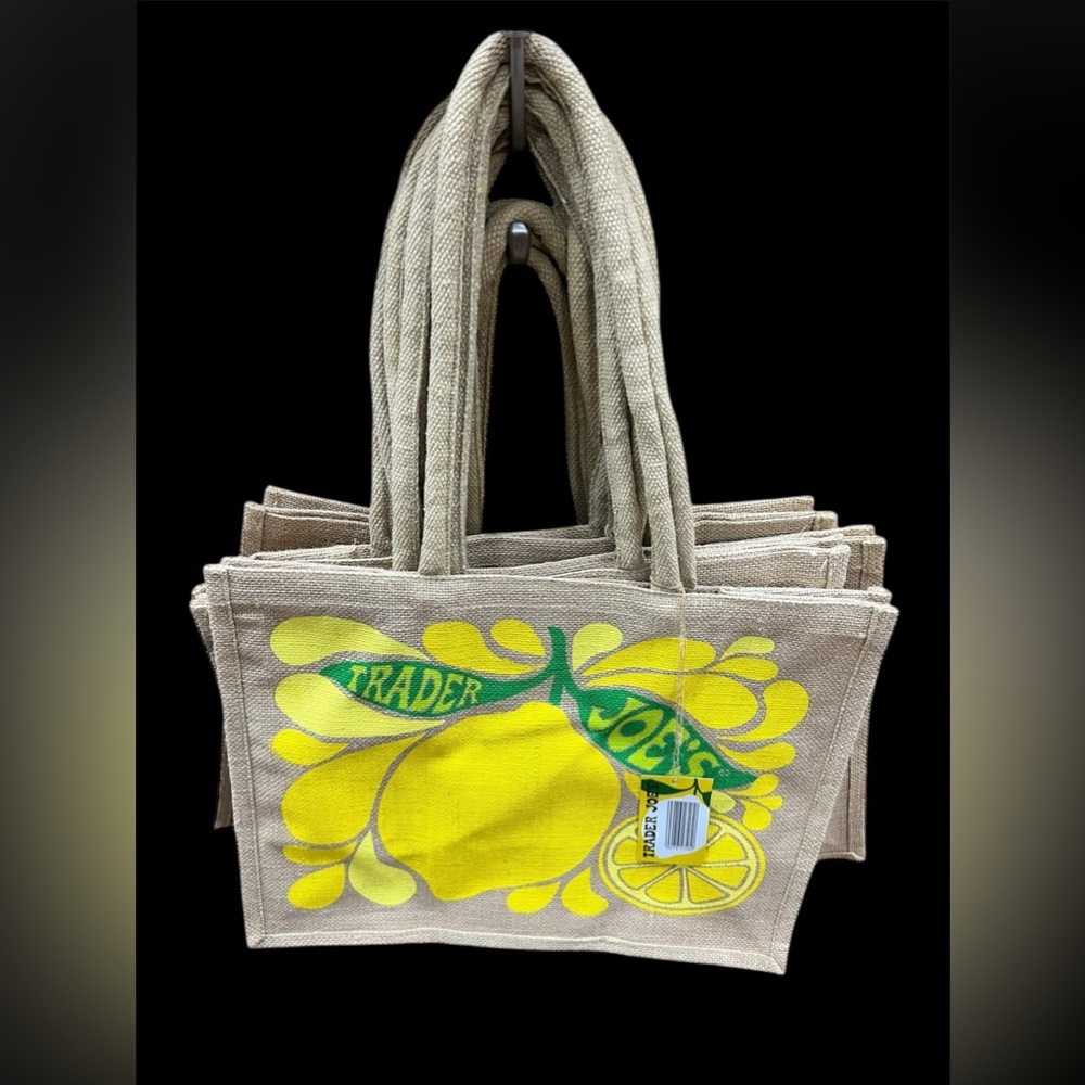Trader Joe's Lemon Lime Tote Reusable Jute Burlap Shopping Bag Shopper Beach